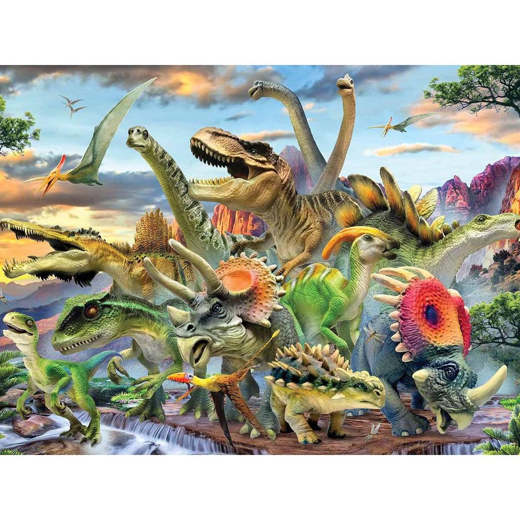 A colorful collage of various dinosaurs, including T-Rex, Brachiosaurus, Triceratops, and Stegosaurus, comes alive against a vibrant prehistoric landscape with trees and a waterfall. 