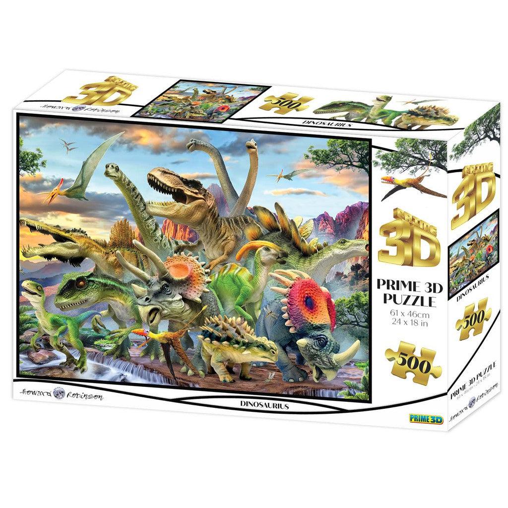 Explore the vibrant world of Prime 3D Ltd with this 500-piece puzzle box, showcasing colorful dinosaurs in a lush prehistoric landscape and pterosaurs soaring through the sky. 