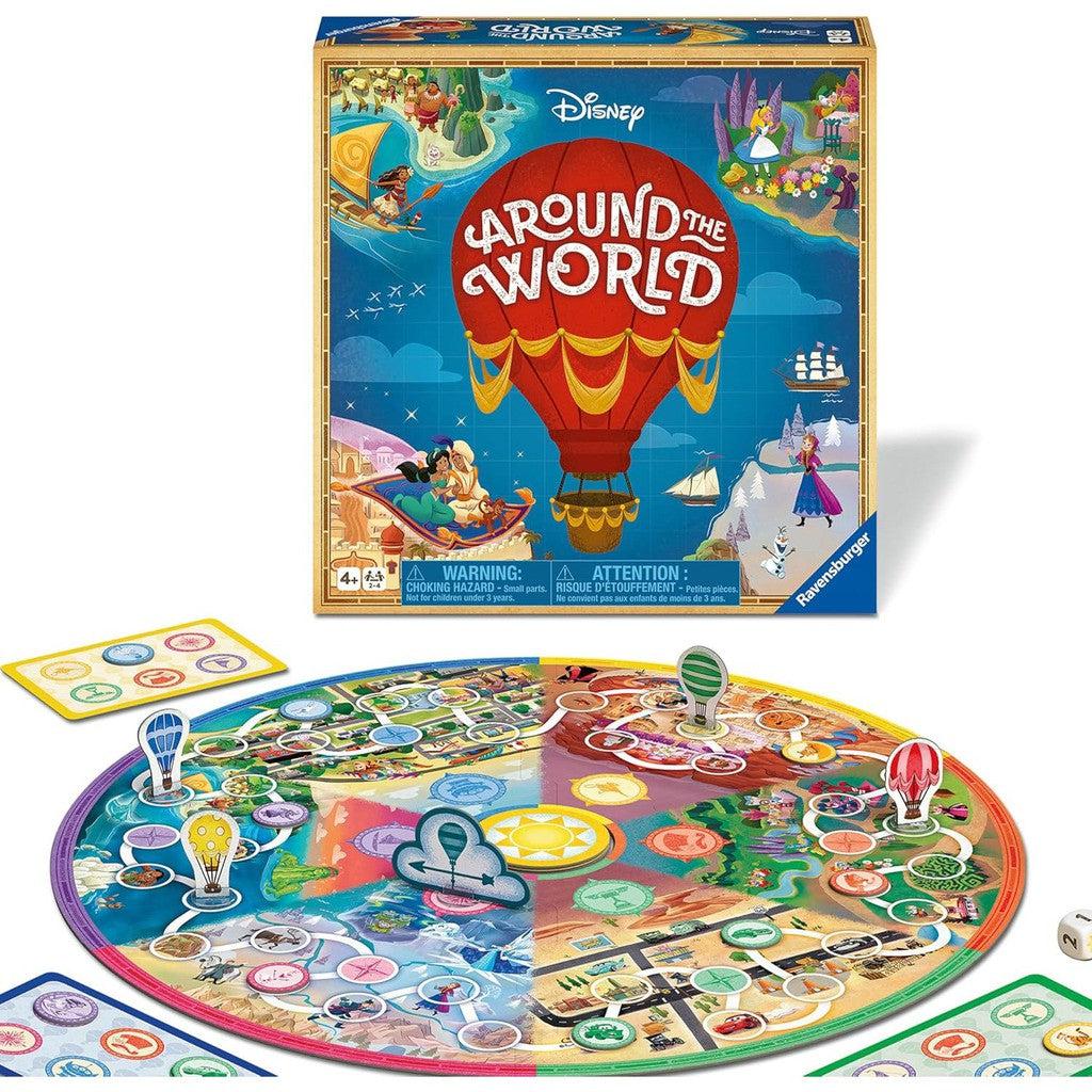 Ravensburger's "Disney Around the World" is a vibrant family adventure game featuring a colorful hot air balloon theme, charming cartoon landscapes, and an array of circular game pieces on a round board.