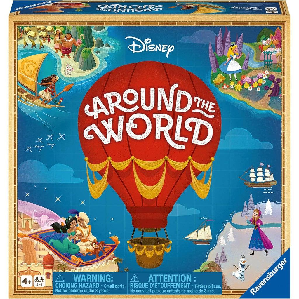 Box cover of the Ravensburger Disney board game "Around the World," a family adventure game featuring a hot air balloon and beloved Disney characters on a map-themed background.