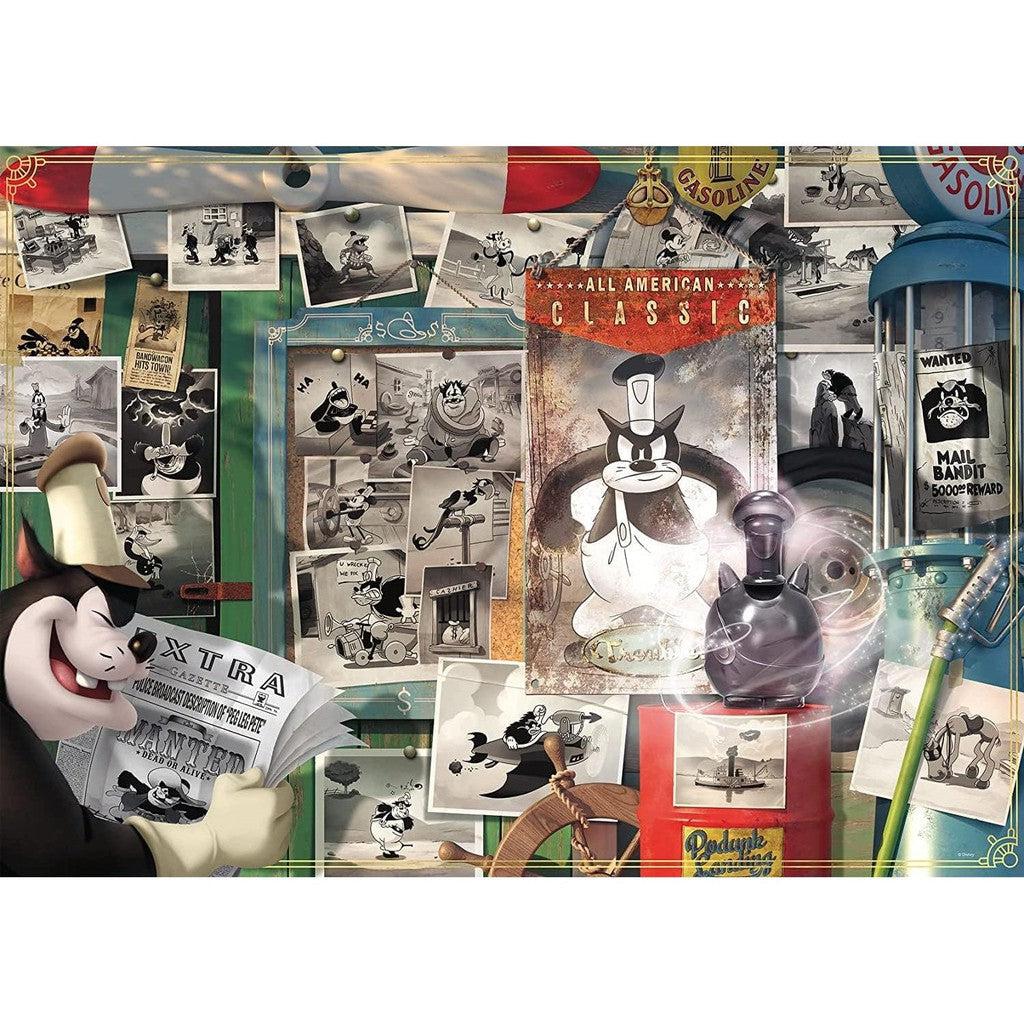 A collage of vintage cartoon images featuring a black and white cat in various poses, surrounded by wanted posters and gas station memorabilia, evokes the charm of a Disney Villainous scene. A cat reads a newspaper in the foreground, adding an element of relaxation and bonding to this whimsical tableau.