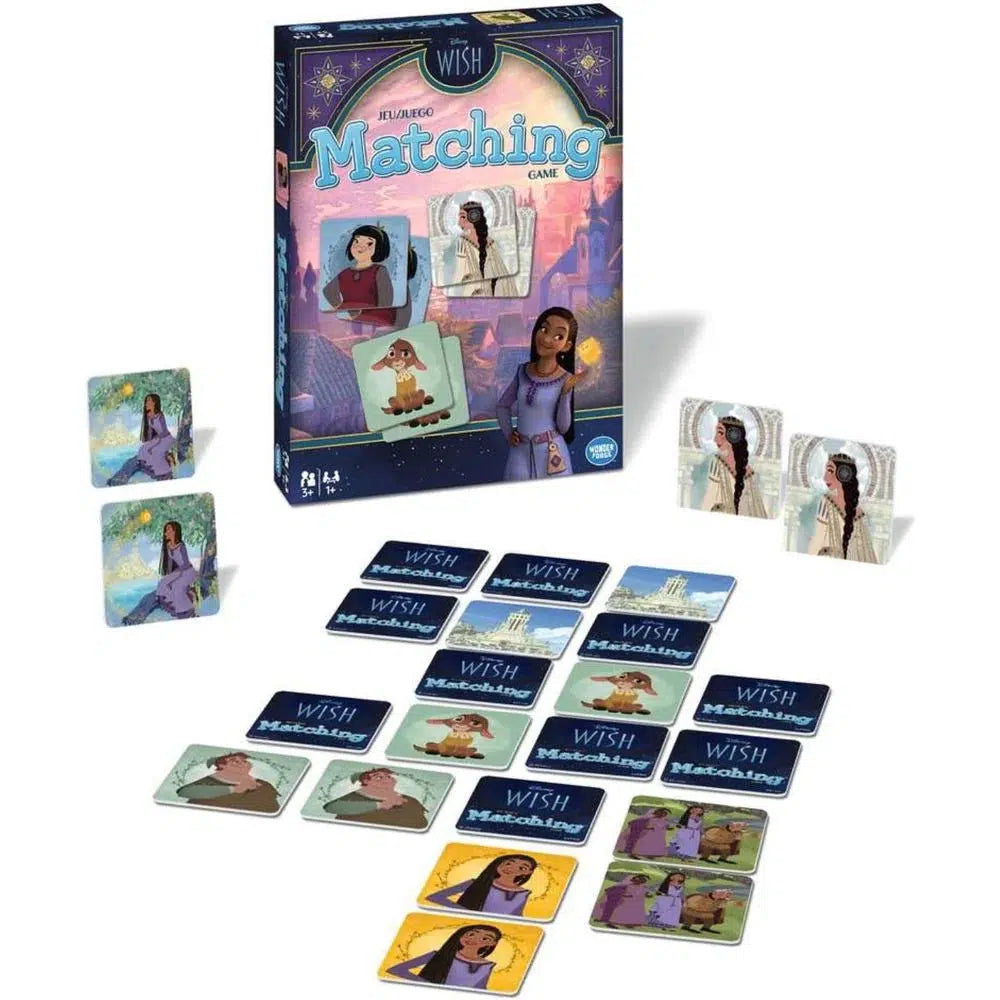 Wish memory game box and cards with movie character images displayed on a surface. Suitable for ages 3 and up.