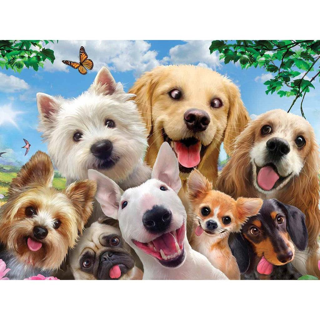 A group of eight dogs, including a bulldog and a chihuahua, poses with joyful expressions for a fun dog selfie. A butterfly flutters above them under a blue sky with scattered clouds, capturing the perfect moment to fit together