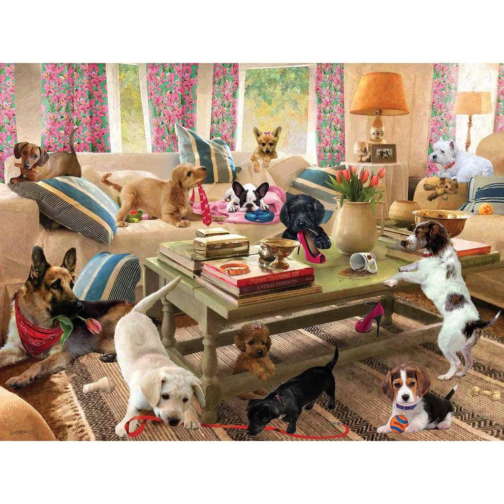 A room filled with puppies from "Dogs In The Living Room" play set playfully frolic and lounge on furniture. Various breeds enjoy toys amidst a colorful floral background and a coffee table in the center.