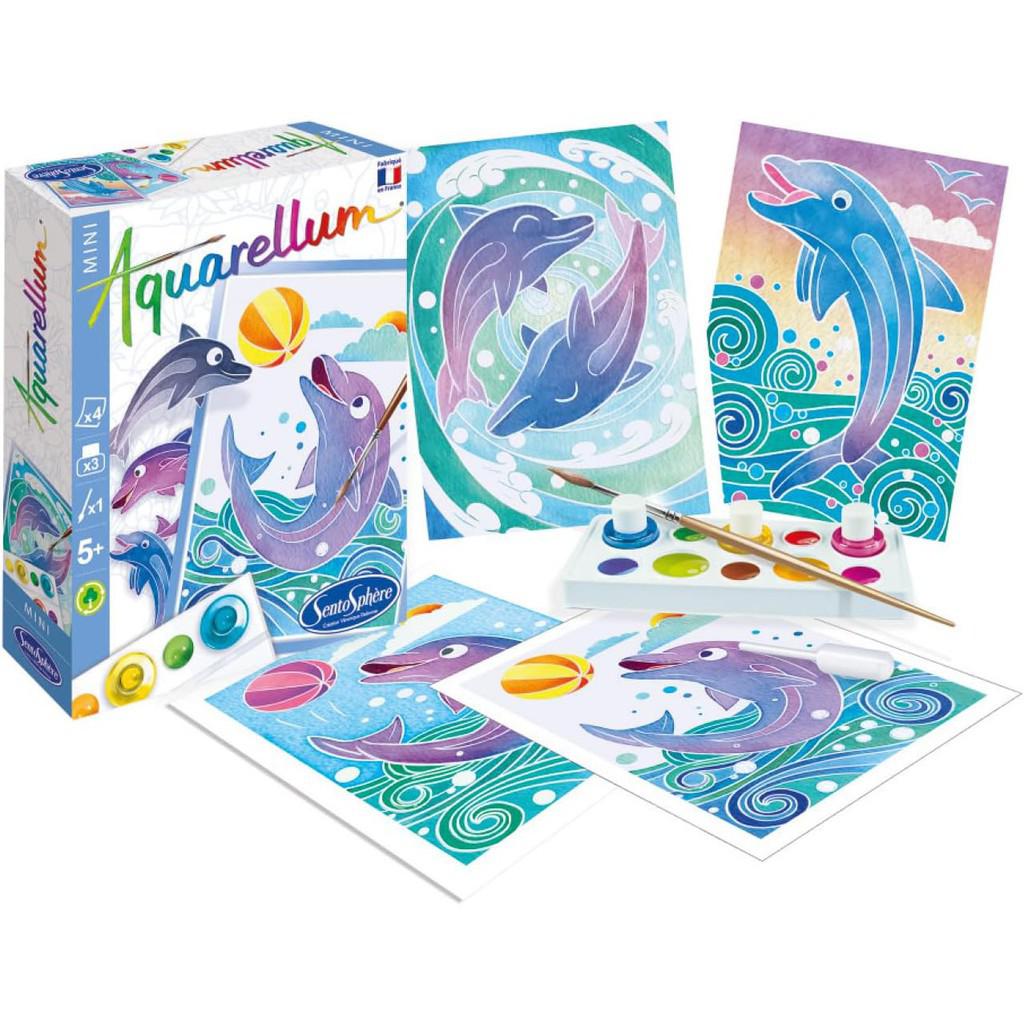 Discover the SentoSphere Aquarellum Dolphins kit, a magical paint with water experience. This set includes vibrant paints, a brush, and four Magic Canvas designs, bringing colorful ocean scenes to life. Perfect for unleashing creativity and diving into an underwater adventure!