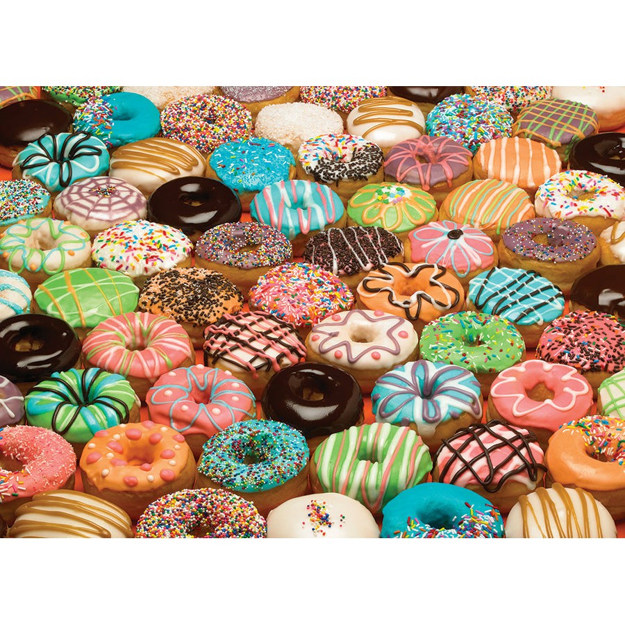 the puzzle image, a variety of doughnuts with different colors of frosting and toppings