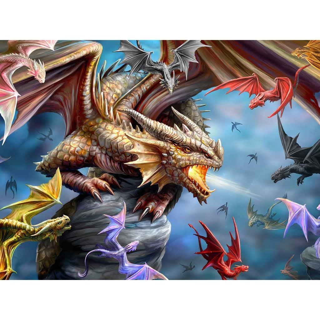 A large dragon, leader of the Dragon Clan, breathes fire while surrounded by smaller colorful dragons soaring through a cloudy sky