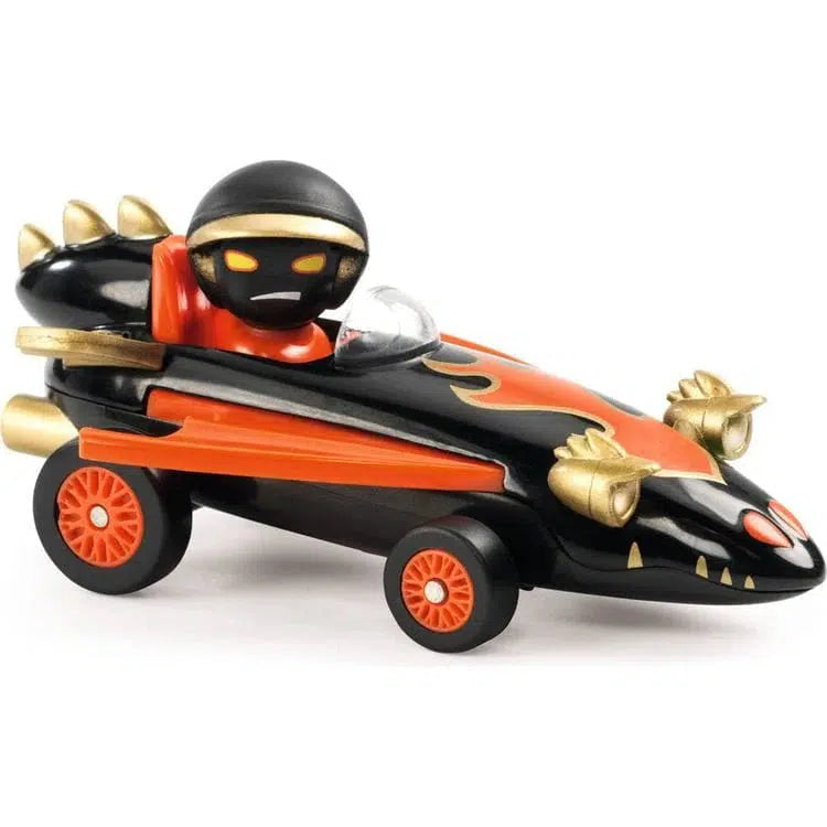 This toy car, part of the Dragon Fire series, boasts a striking black and orange color scheme with gold spikes and a stylized driver figure inside.