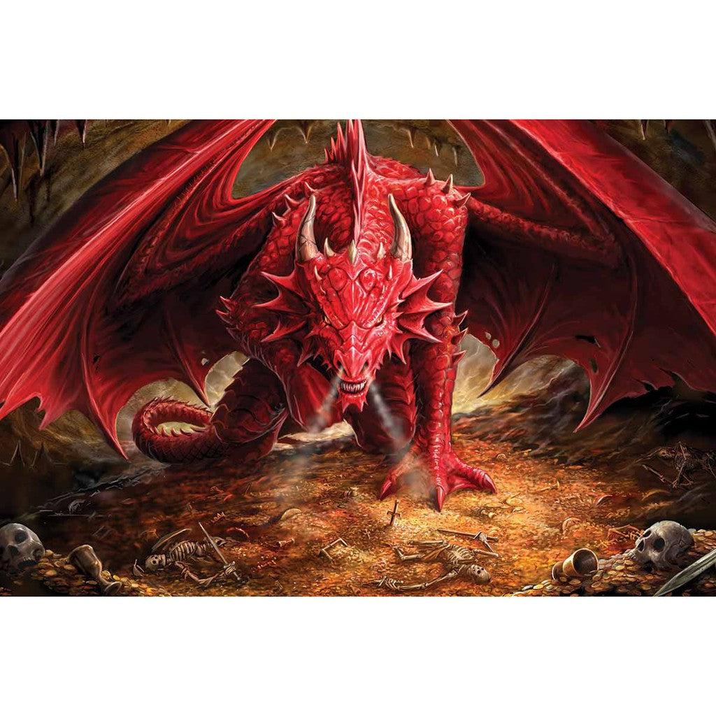 In the shadowy depths of Dragon's Lair, a fierce red dragon with sharp horns and wings stands on a bone-littered cave floor, surrounded by skulls and debris. This prime scene could puzzle even the most seasoned adventurers exploring its mysterious domain.