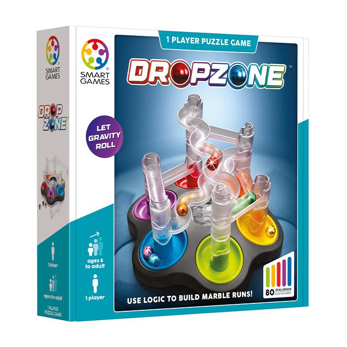 Drop Zone a puzzle game by Smart Games intended for one player. A colorful marble run maze is pictured on the front of the box