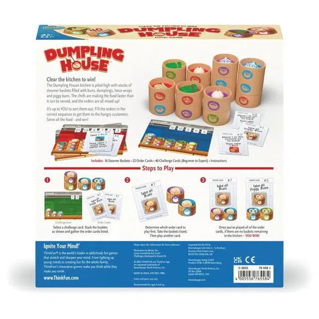 The back of the "Dumpling House" board game box showcases vibrant illustrations of gameplay steps and components. Dive into a culinary adventure that doubles as a brain game, combining the charm of dumplings with engaging logic puzzles for hours of fun for friends and family.