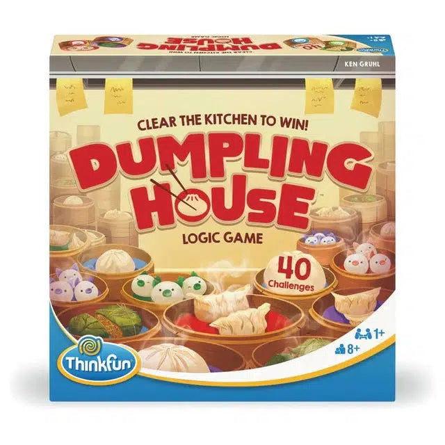 Box of "Dumpling House" brain game featuring 40 engaging challenges. Suitable for ages 8 and up, it includes colorful, dumpling-themed pieces to stimulate your mind.