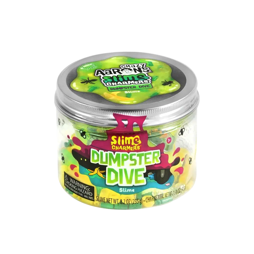 A round plastic container of green “Dumpster Dive” slime by Crazy Aaron's Slime Charmers. The label features colorful graphics, a cartoon garbage can, and the total net weight of 8.2 oz (235 g).