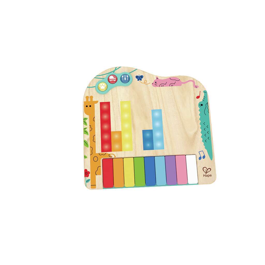 A colorful wooden toy with light-up blocks and a row of ten rainbow-colored keys, featuring animal designs on the side.