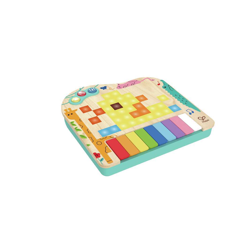 Colorful children's toy piano with a geometric design and lit-up top, featuring multicolored keys and playful illustrations.