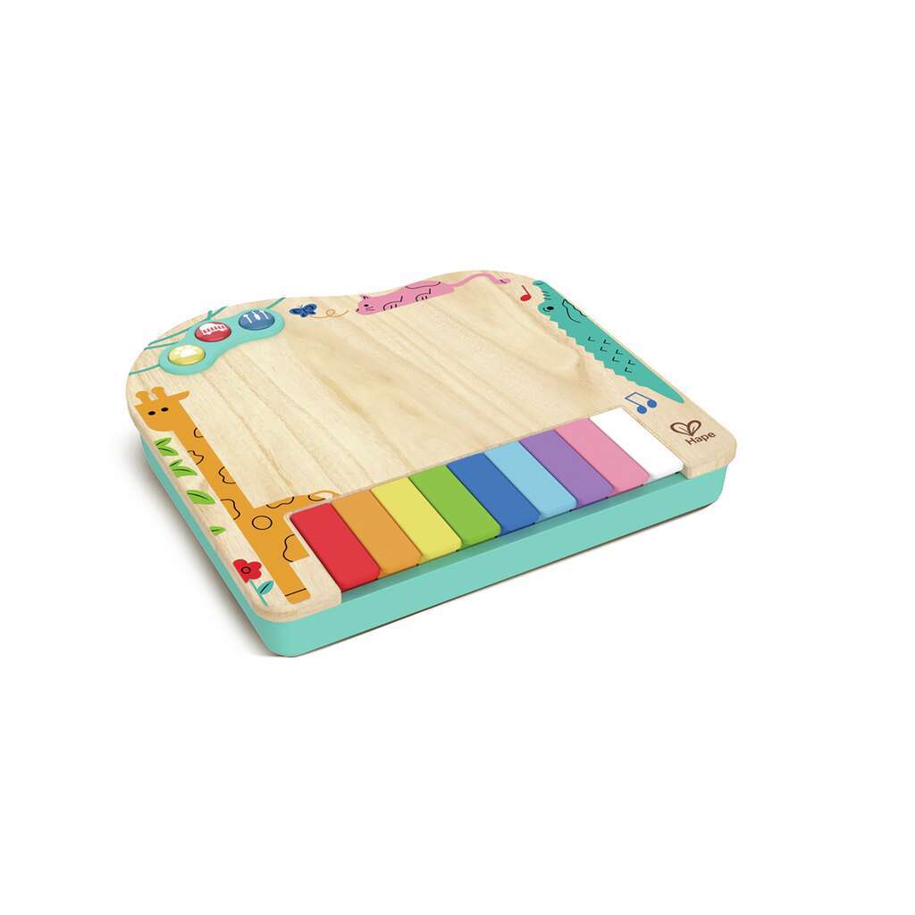 A wooden xylophone toy with colorful bars and painted musical decorations on a light wooden base.