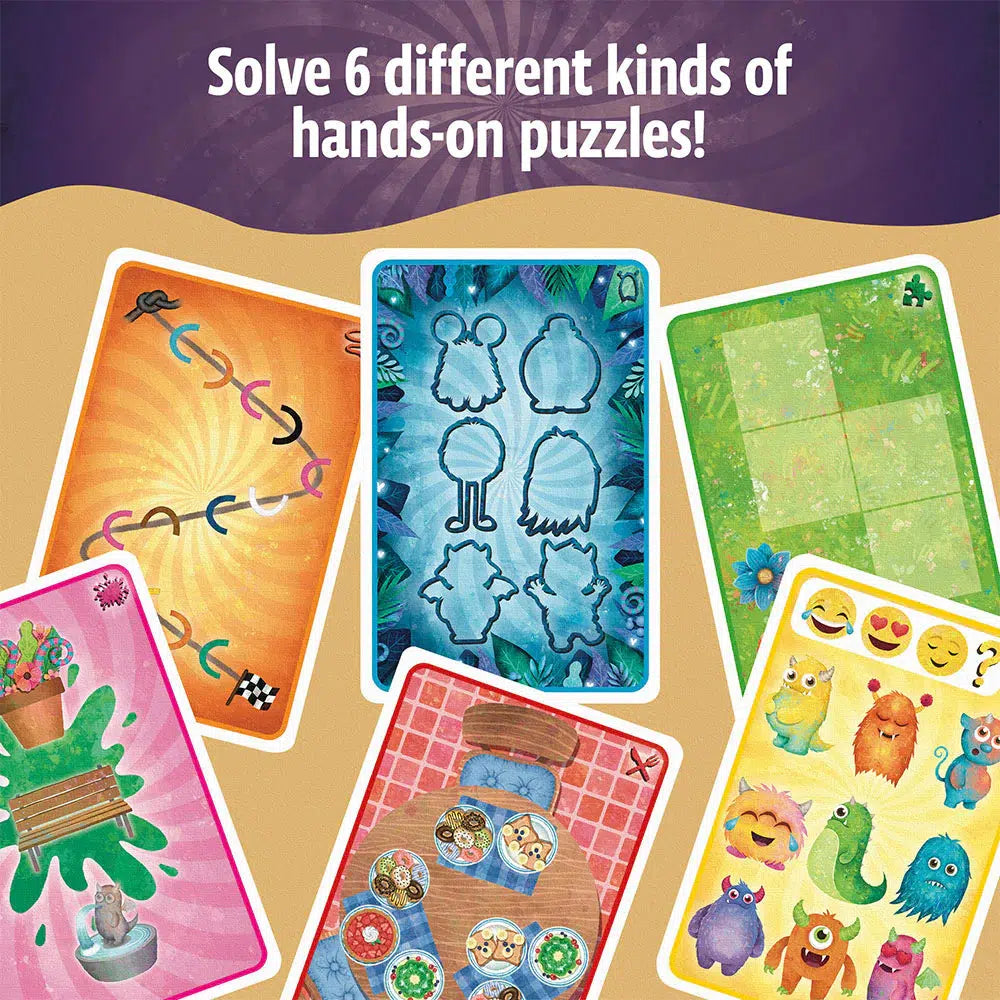 Six colorful, image-based puzzle cards offer a cookie-filled adventure with various challenges like patterns, shapes, and logic. Set against a purple background, they promise family fun as you "Solve 6 different kinds of hands-on puzzles!