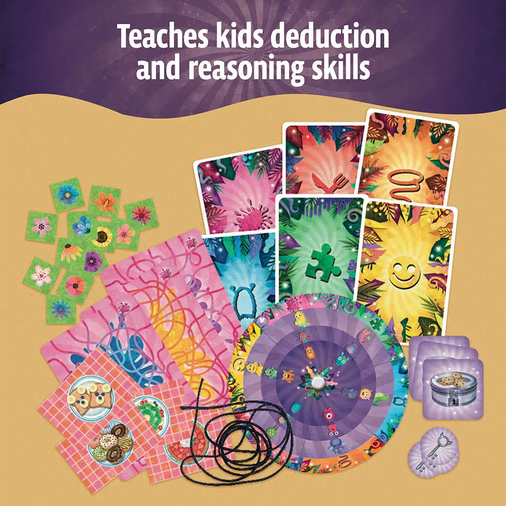 Colorful board game components including cards, tiles, and a circular board with a string immerse children in Monsterville. This engaging game promotes deduction and reasoning skills through image-based puzzles inspired by escape rooms.