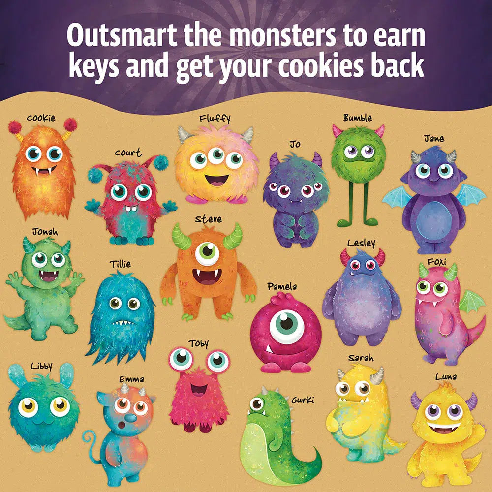 Colorful, playful monsters with various names and features are displayed on a purple background in Monsterville. The text reads, "Outsmart the monsters to earn keys and get your cookie jars back.