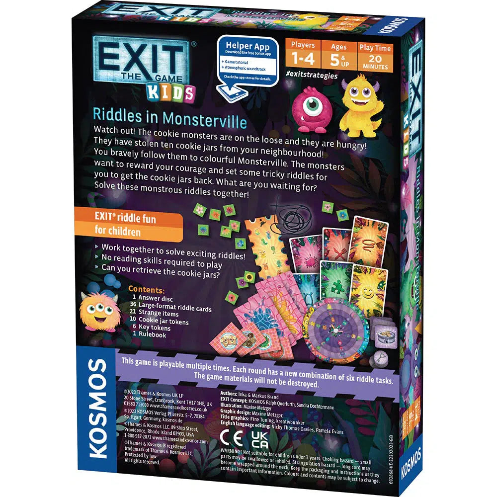 Box of "EXIT Kids: Riddles in Monsterville" game, featuring colorful monster illustrations and image-based puzzles for an exciting escape room experience. Perfect for ages 5+, accommodating 1-4 players with a quick 20-minute duration and a companion app for extra fun.