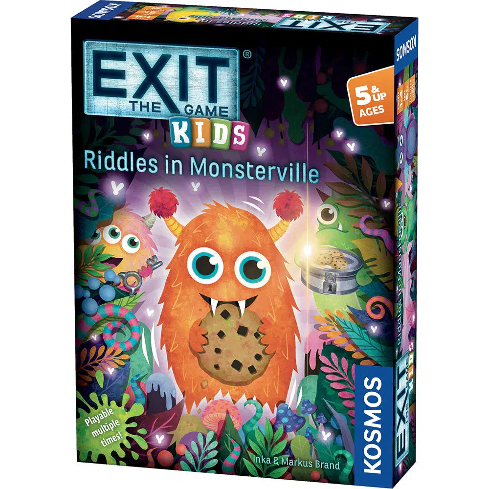 The cover of "Exit the Game: Kids - Riddles in Monsterville" showcases colorful monsters embarking on a cookie-filled adventure. Perfect for young gamers aged 5 and up, this engaging journey features monsters holding a map and cookies.