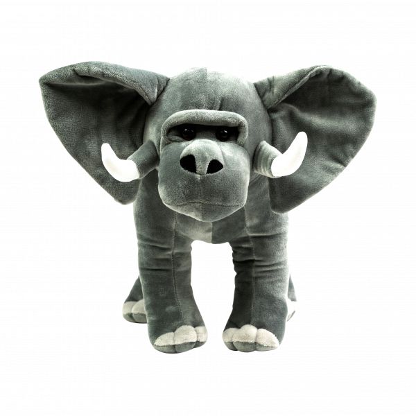 A Randimal plush toy elephant features large ears, tusks, and a short trunk, standing on four legs against a plain background. This imaginative design captures the essence of realistic animal characters while sparking creativity in every admirer.