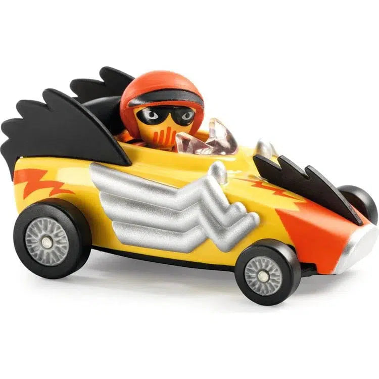 Toy racer car with a black helmeted figure in the fastest yellow and red detailed vehicle, featuring wing-like designs and silver accents.