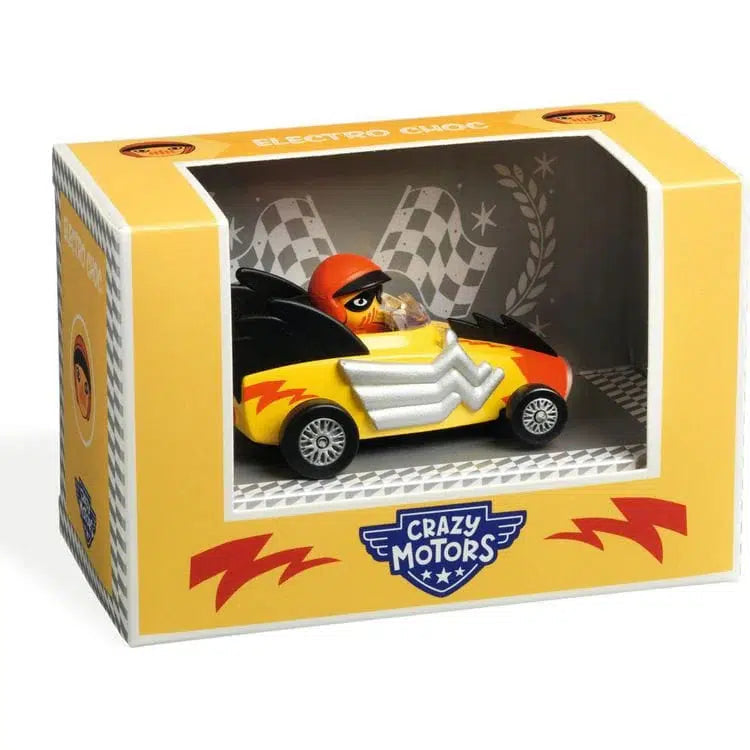 This toy car, featuring a striking yellow and black color scheme with a driver figure, is packaged in a box labeled "Crazy Motors." Its design flaunts ultrasonic metallic paint, making it the smartest car in the lineup.