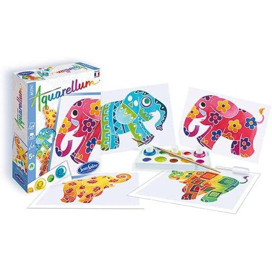 The SentoSphere Aquarellum painting set features vibrant elephant designs, complete with paints and a brush.