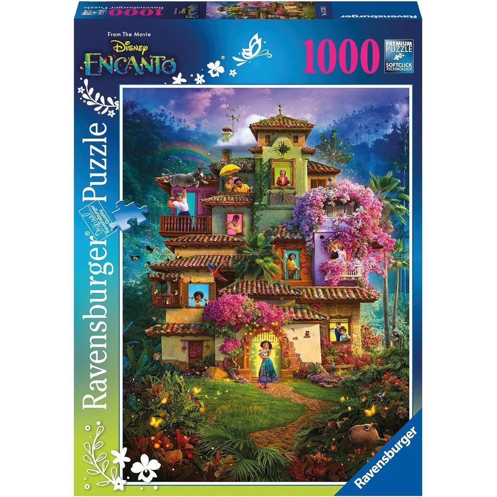 Explore the Ravensburger Disney Encanto 1000-piece jigsaw puzzle, capturing a colorful, magical house surrounded by vibrant flowers and greenery. Characters peek from windows and the porch in this enchanting Toys &amp; Games delight.