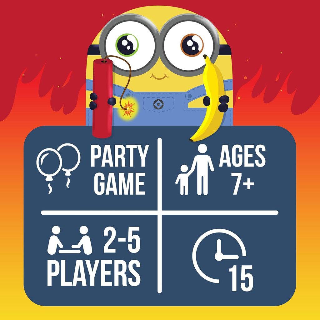 A cartoon character holding a banana and a stick of dynamite above a game sign: Exploding Minions party game for ages 7+, 2-5 players, 15 minutes.