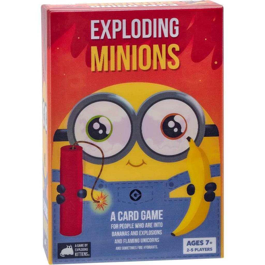 Box of "Exploding Minions" card game, a family-friendly party game featuring a cartoon character holding a banana and dynamite stick. Inspired by Russian roulette card games, it's suitable for ages 7+ and supports 2-5 players for explosive fun.