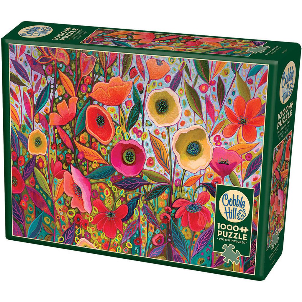 Puzzle box of a 1000 pc puzzle, a brightly colored abstract flower garden