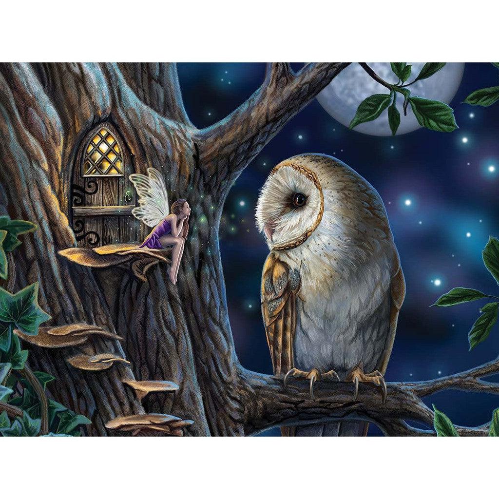 Under a full moon, a fairy from the enchanting world of Fairy Tales sits on a mushroom, engaging with a large owl perched nearby. 