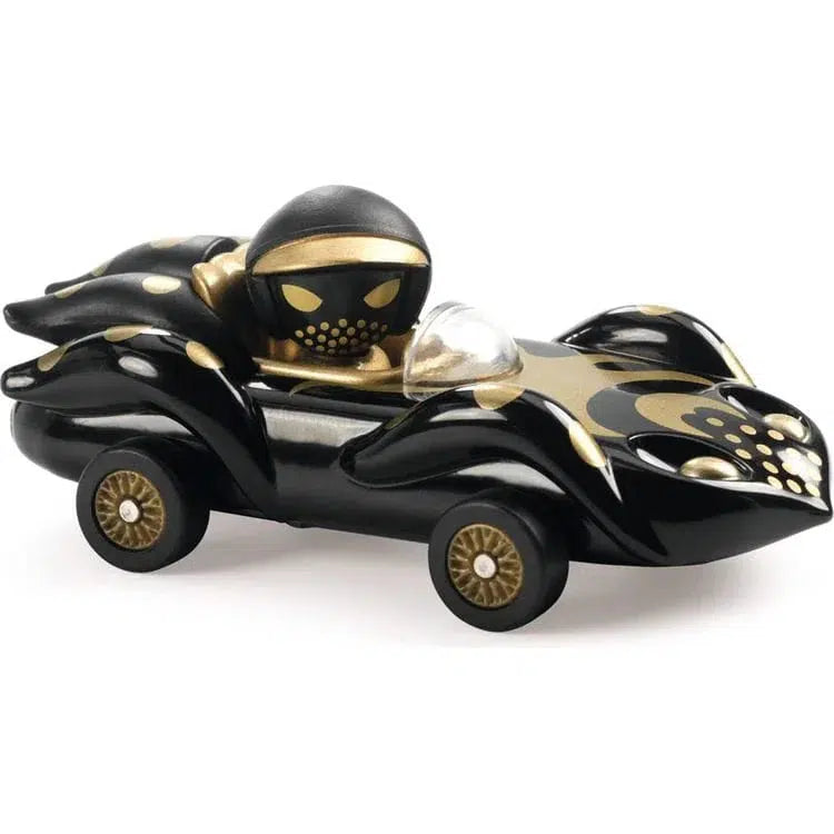 A black and gold racing car toy, featuring a helmeted driver figure inside, boasts an impressive ultrasonic metallic paint finish.