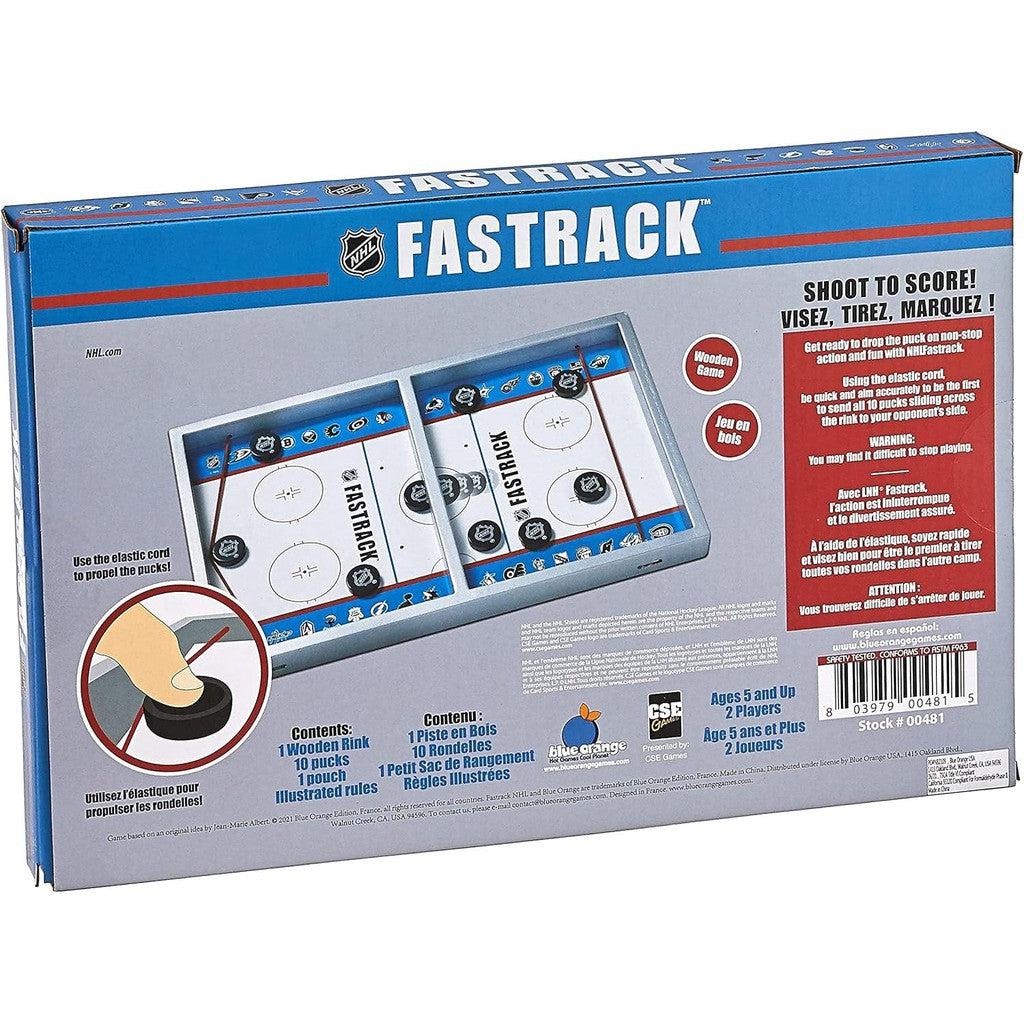 The box of the Fastrack NHL game reveals a thrilling Wooden Ice Hockey Game, complete with pucks and elastic cords. Test your skills in this dexterity puck sliding challenge. Includes detailed instructions and everything you need for fast-paced tabletop action.