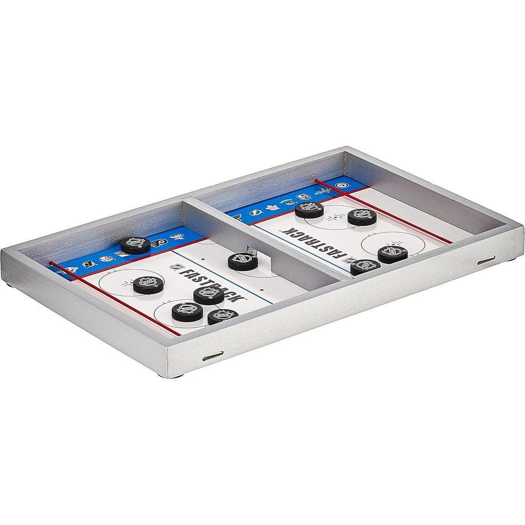 Experience the thrill of the Fastrack NHL wooden tabletop hockey game, featuring pucks and a divided playing surface in classic blue and red. Perfect for testing your dexterity, this ice hockey game brings competitive fun to any setting.