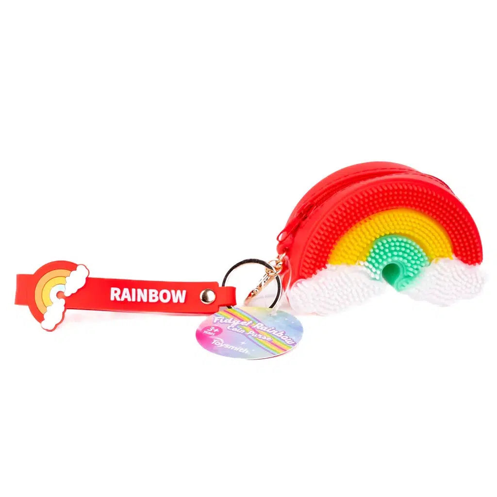 Rainbow-shaped Fidget Rainbow Coin Purse featuring a red zipper and an attached strap labeled "RAINBOW." Includes a colorful tag with "Follow Rainbow" text and cloud details, perfect for your coin collection.