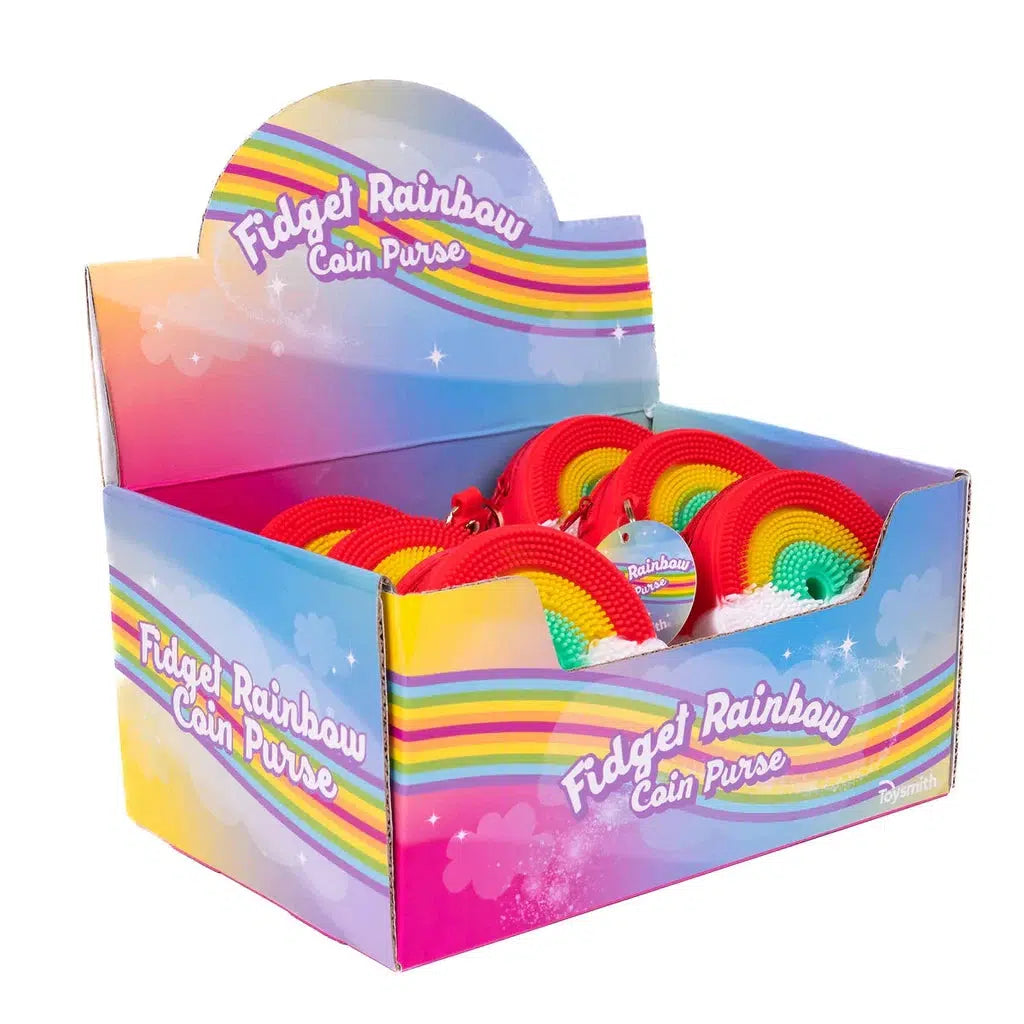 A colorful display box features Fidget Rainbow Coin Purses, each with a textured surface and vibrant rainbow designs. The packaging mirrors a delightful rainbow and cloud theme, while some purses include a keychain for easy attachment to bags, perfect for both style and functionality.