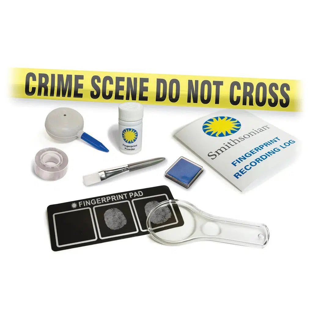 Detective's forensic kit with crime scene tape, fingerprint pad, brush, ink, magnifier, and evidence log; an essential tool for crime scene investigators focused on gathering precise fingerprints.