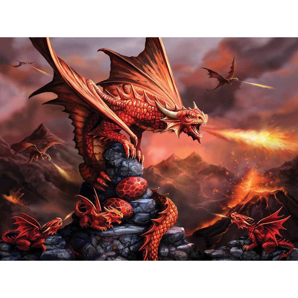 A large red fire dragon breathes a torrent of flames from a rocky peak, surrounded by smaller dragons. Fiery skies and mountains form the dramatic background.