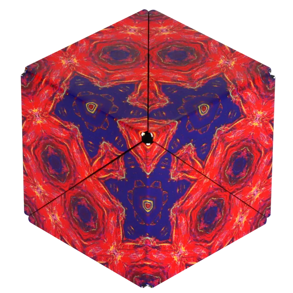 Hexagonal artwork with a vivid red and blue abstract pattern, featuring symmetrical shapes and a central metallic point, reminiscent of a Shashibo that seamlessly transforms into different shapes.