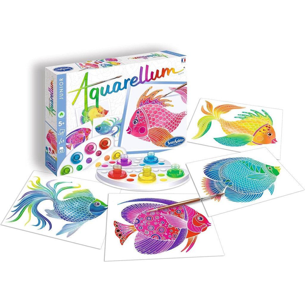 The Aquarellum Junior watercolor painting kit for children offers vibrant fish designs, complete with paint bottles from Sentosphère, a brush, and a mixing palette.