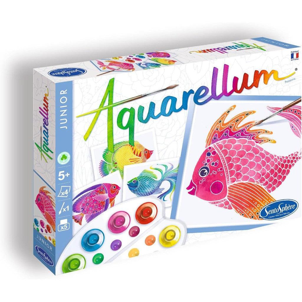 The Sentosphère Aquarellum Junior Fish painting kit packaging showcases vibrant fish art and includes a paint palette with eight dazzling colors, perfect for budding artists aged 5 and up.