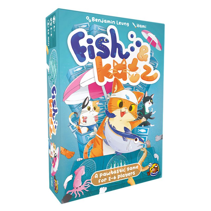 box art for fish & katz. blue box with cartoon cats in a fish market