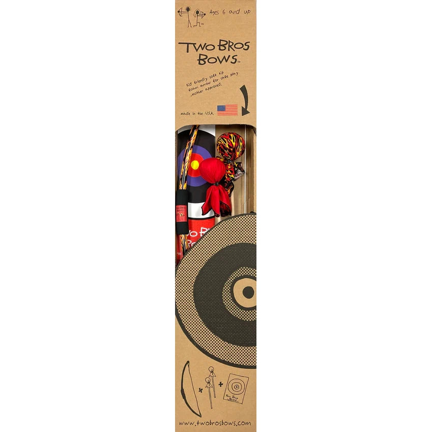 cardboard box with "childish" writing for the name and the picture of a target. The bow, two arrows, and a target can be seen through an opening in the middle