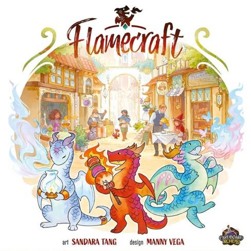 The image displays the box for the standard edition of the board game "Flamecraft," featuring colorful dragons and whimsical art in a fantasy village setting. The box includes credits for art by Sandara Tang and design by Manny Vega.