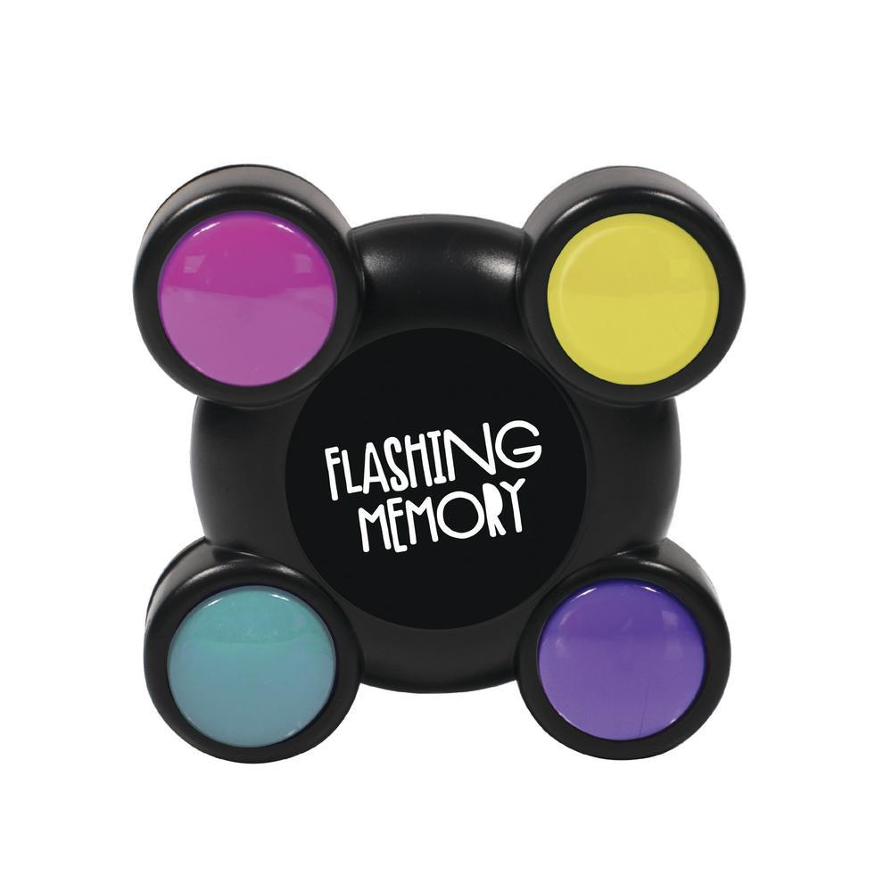 A memory light up game called flashing Memory. A small black square with four different colored buttons.