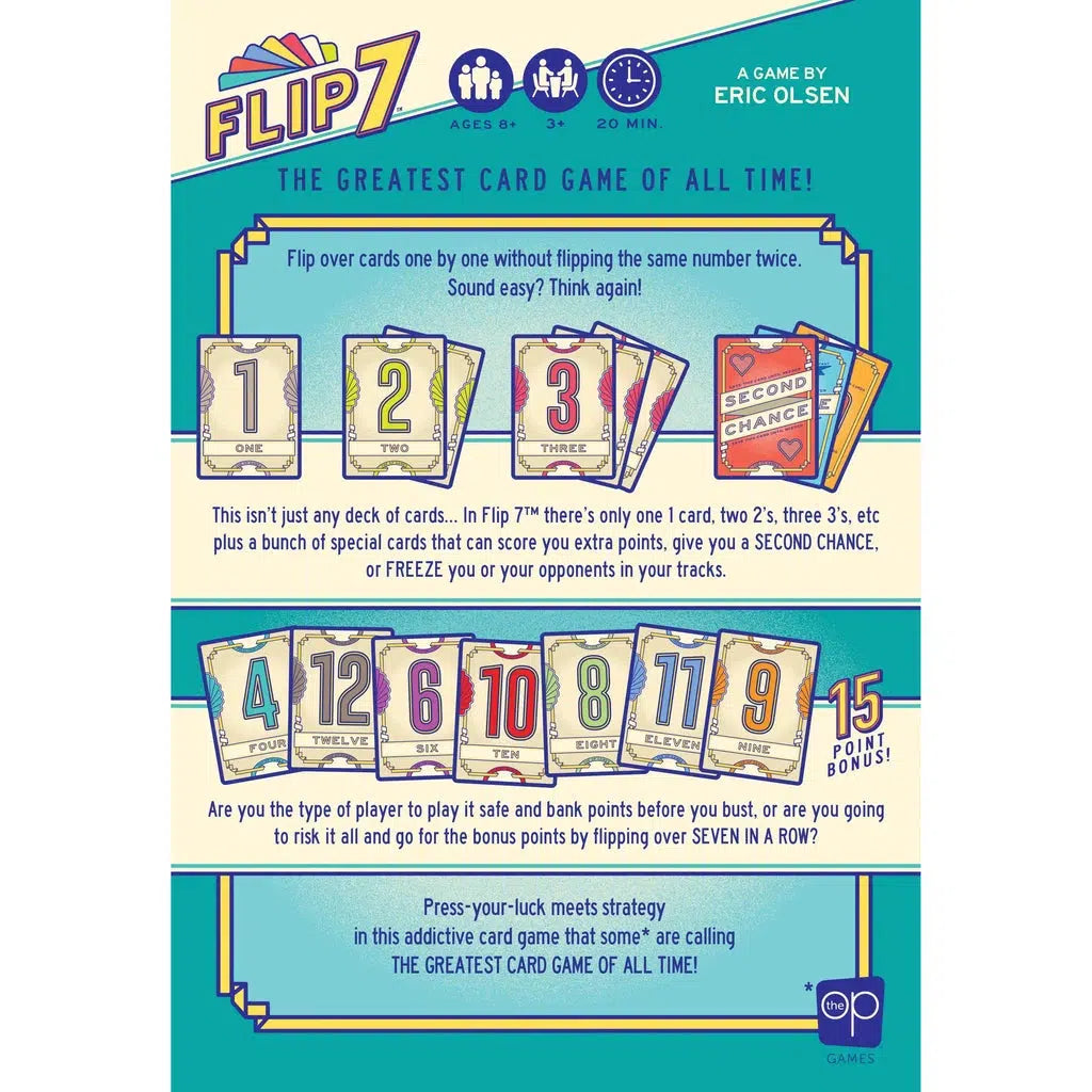 Promotional poster for Eric Olsen's "Flip 7" card game, showcasing its engaging rules, unique card types, strategic depth, and point system. Suitable for ages 8+ with a thrilling 20-minute playtime.