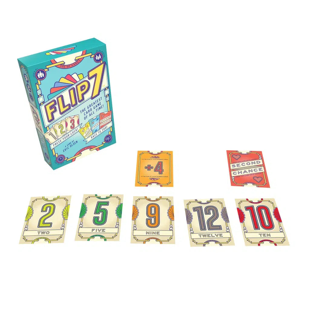 The box and cards from the strategic card game "Flip 7" are displayed. Cards numbered 2, 5, 9, 12, and 10 appear alongside a "+4" card awarding bonus points and a "Second Chance" card for added excitement.